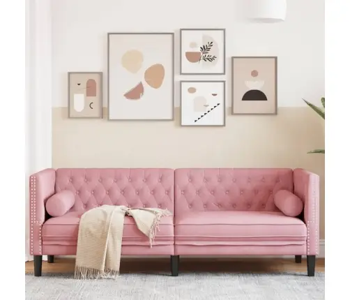 Trivietė Chesterfield Sofa Su Pagalvėlėmis, Rožinė, Aksomas