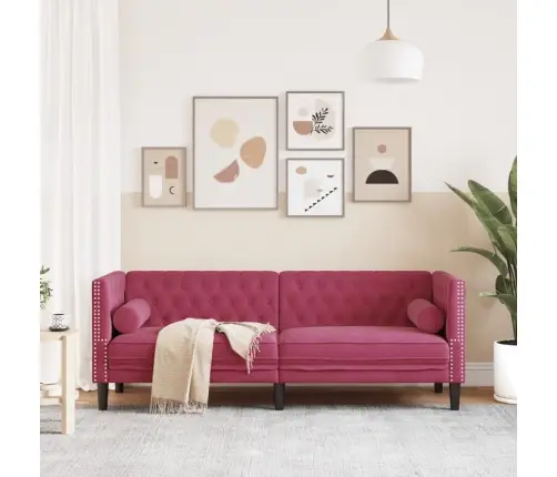 Chesterfield Dīvāns Ar Balstiem, Trīsvietīgs, Vīnsarkans Samts Vidaxl