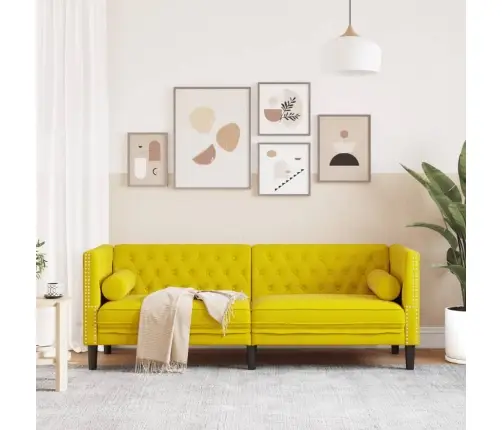 Chesterfield Dīvāns Ar Balstiem, Trīsvietīgs, Dzeltens Samts Vidaxl