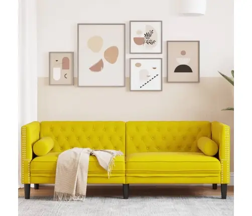 Chesterfield Dīvāns Ar Balstiem, Trīsvietīgs, Dzeltens Samts Vidaxl