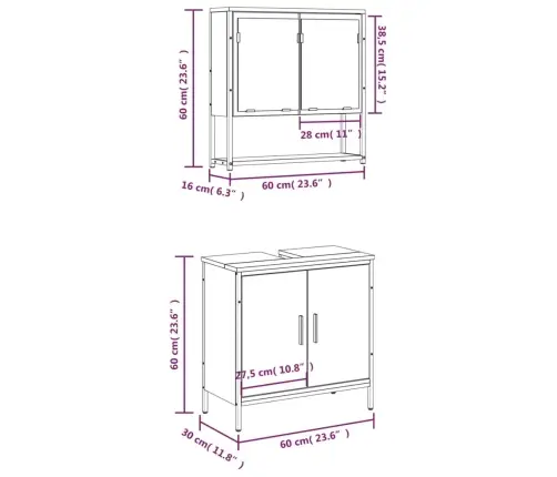 Vonios Baldų Komplektas, 2 Dalių, Dūminio Ąžuolo, Mediena