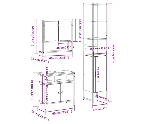 3-Daļīgs Vannasistabas Mēbeļu Komplekts, Pelēka Ozolkoka Krāsa Vidaxl
