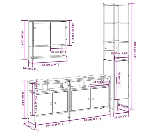 4-Osaline Vannitoa Mööblikomplekt, Must, Tehispuit