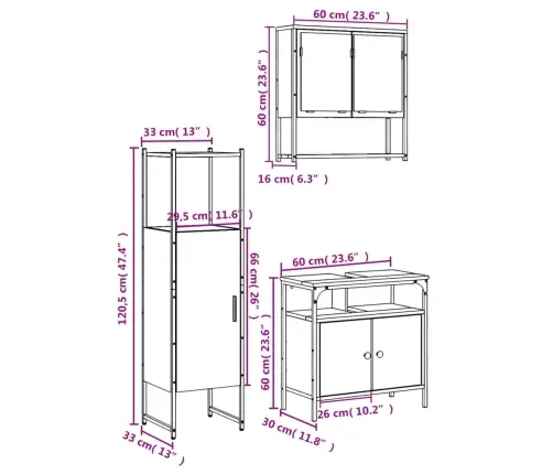 3-Osaline Vannitoa Mööblikomplekt, Suitsutatud Tamm, Tehispuit