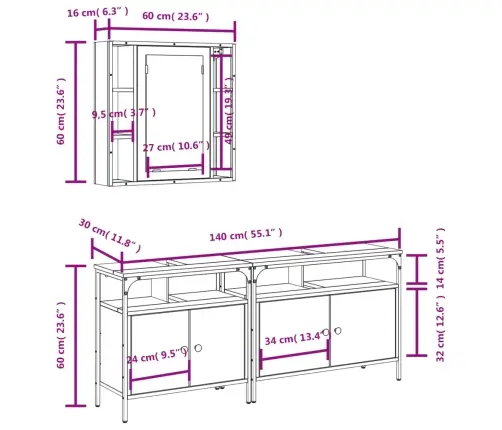 3-Daļīgs Vannasistabas Skapīšu Komplekts, Pelēka Ozolkoka Krāsa Vidaxl