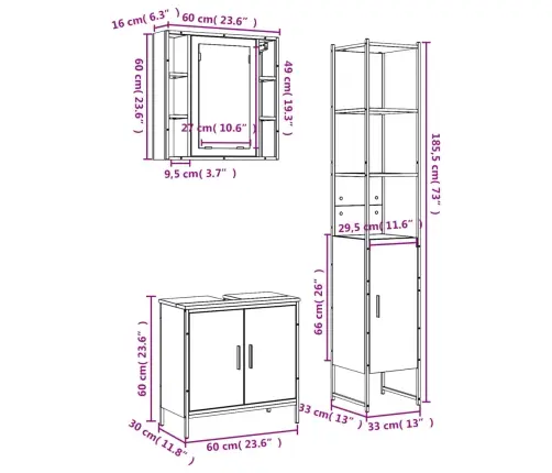 3-Daļīgs Vannasistabas Skapīšu Komplekts, Pelēka Ozolkoka Krāsa Vidaxl