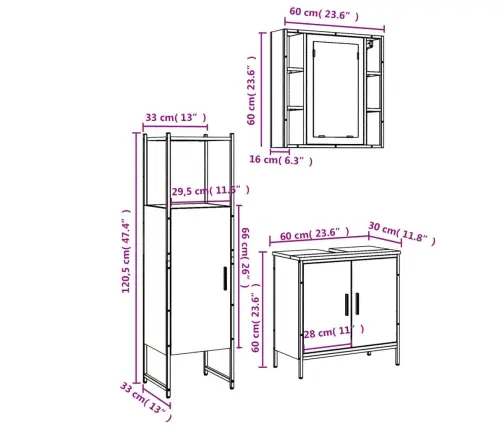 3-Osaline Vannitoakappide Komplekt, Hall Sonoma Tamm, Tehispuit