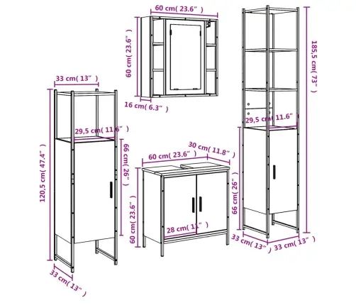 4-Osaline Vannitoakappide Komplekt, Must, Tehispuit