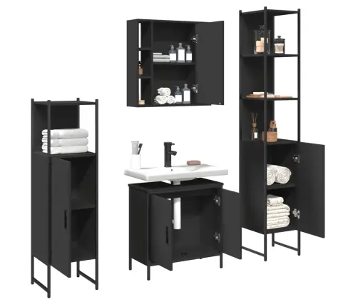 4-Osaline Vannitoakappide Komplekt, Must, Tehispuit