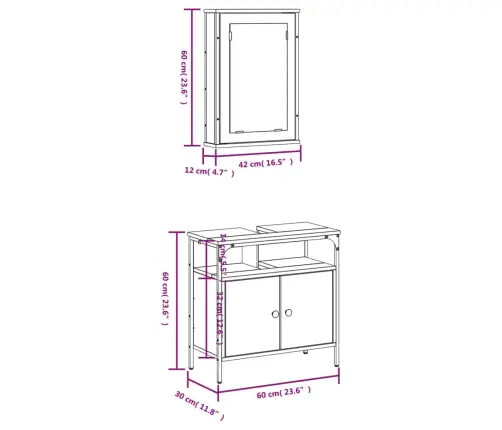 Vonios Baldų Komplektas, 2 Dalių, Dūminio Ąžuolo, Mediena