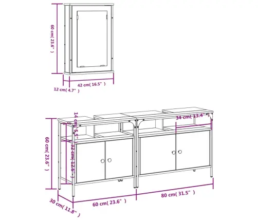 Vonios Baldų Komplektas, 3 Dalių, Dūminio Ąžuolo, Mediena