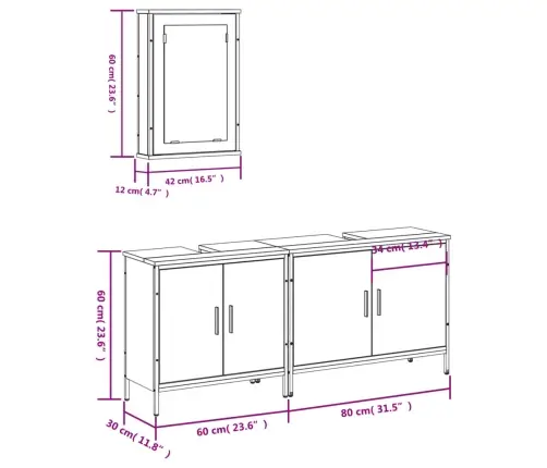3-Daļīgs Vannasistabas Mēbeļu Komplekts, Pelēka Ozolkoka Krāsa Vidaxl