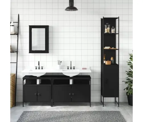 Vonios Baldų Komplektas, 4 Dalių, Juodas, Apdirbta Mediena