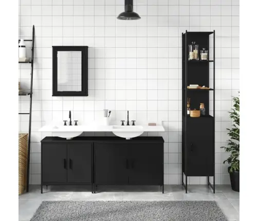 Vonios Baldų Komplektas, 4 Dalių, Juodas, Apdirbta Mediena