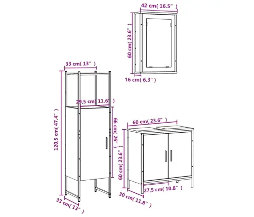 3-Daļīgs Vannasistabas Mēbeļu Komplekts, Pelēka Ozolkoka Krāsa Vidaxl