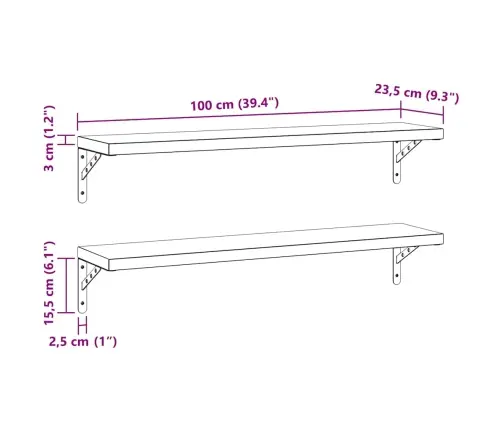 Sieninės Lentynos, 2Vnt., Juodos, 100X23,5cm Plienas