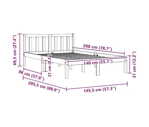 Gulta Bez Matrača, Vaska Brūnas, 140X200 Cm, Priedes Masīvkoks Vidaxl