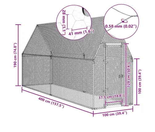 Vistu Būris, Sudrabains, 400X100X190 Cm, Cinkots Tērauds Vidaxl