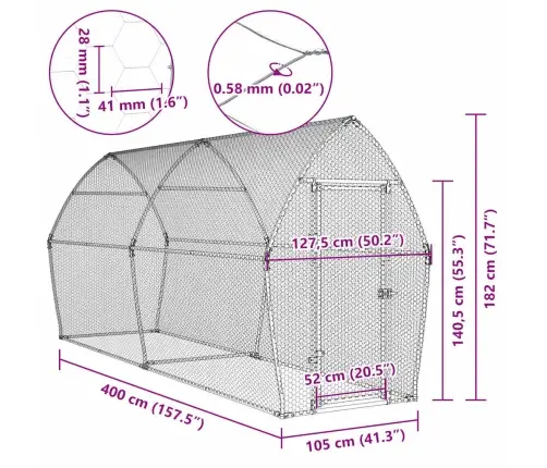 Vistu Būris, Sudrabains, 400X105X182 Cm, Cinkots Tērauds Vidaxl