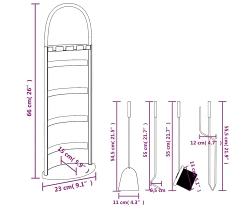 5 Dalių Židinio Įrankių Rinkinys, 23X15X66 cm Plienas