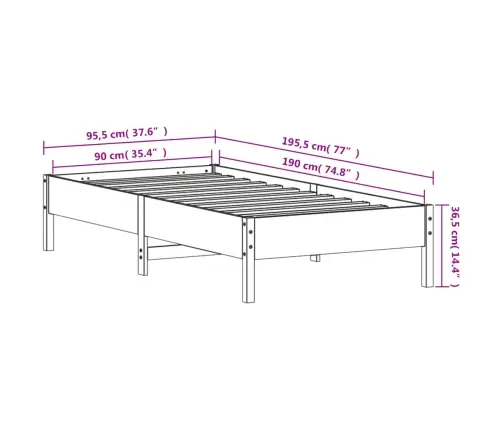 Gulta Bez Matrača, Vaska Brūnas, 90X190 Cm, Priedes Masīvkoks Vidaxl