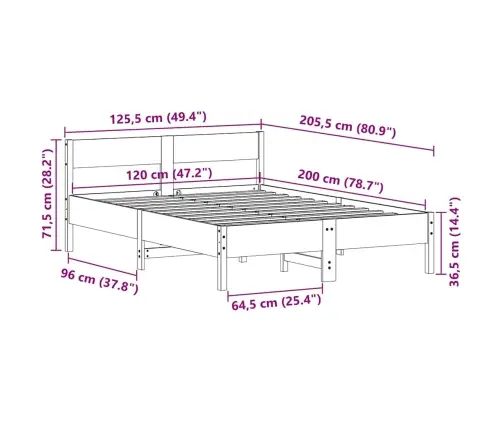 Voodiraam Ilma Madratsita, Vahapruun, 120 X 200 cm Männipuit