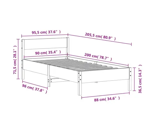 Gulta Bez Matrača, Balts, 90X200 Cm, Priedes Masīvkoks Vidaxl