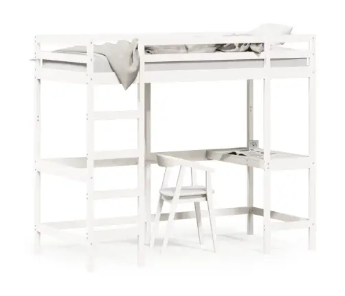 Augstā Gulta, Rakstāmgalds, Balts, 100X200Cm, Priedes Masīvkoks Vidaxl