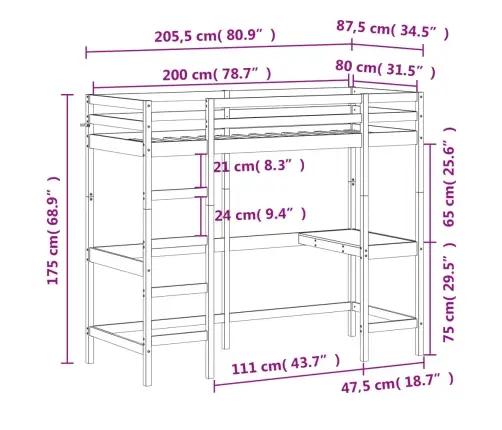 Narivoodi Lauaga, Valge, 80 X 200 cm Männipuit