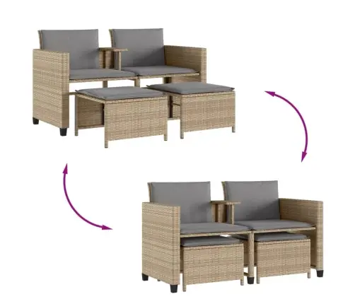 Dvivietė Sodo Sofa Su Staliuku/Taburetėmis, Smėlio, Poliratanas