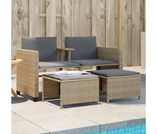 Dvivietė Sodo Sofa Su Staliuku/Taburetėmis, Smėlio, Poliratanas