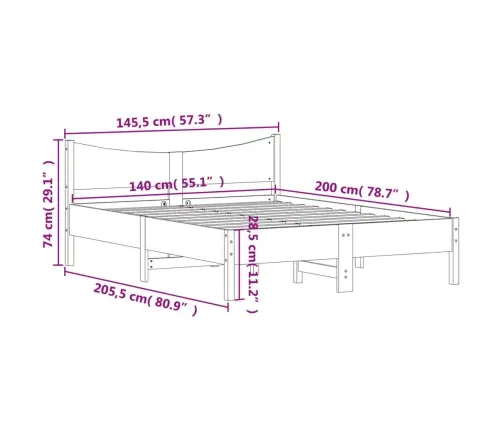 Gulta Bez Matrača, Balts, 140X200 Cm, Priedes Masīvkoks Vidaxl