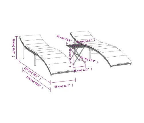 Sauļošanās Zviļņi, 2 Gab., Ar Galdiņu, Melna Pe Rotangpalma Vidaxl