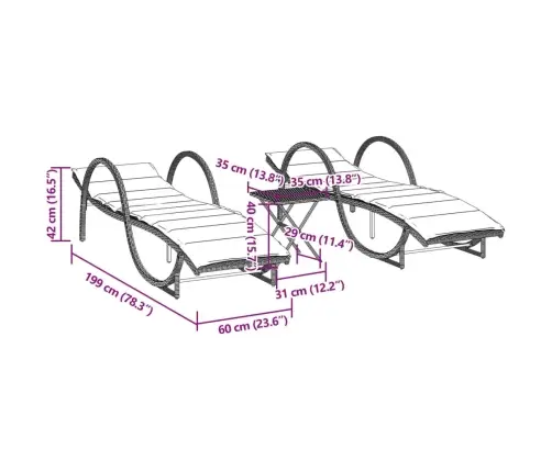 Sauļošanās Zviļņi, 2 Gab., Ar Galdiņu, Bēša Pe Rotangpalma Vidaxl