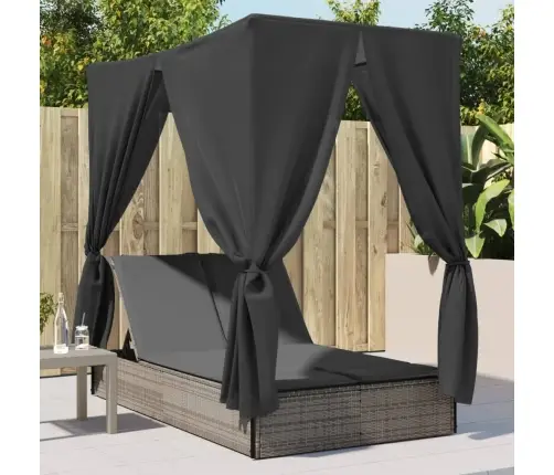 Divvietīgs Sauļošanās Krēsls Ar Jumtu Un Aizkariem, Pelēka Pe Vidaxl