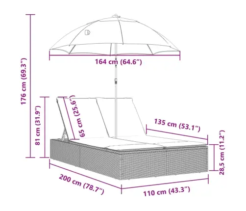 Divvietīgs Sauļošanās Krēsls Ar Matračiem, Brūna Pe Rotangpalma Vidaxl