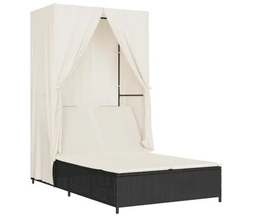 Kahekohaline Päevitustool Katuse Ja Kardinatega, Must, Rotang