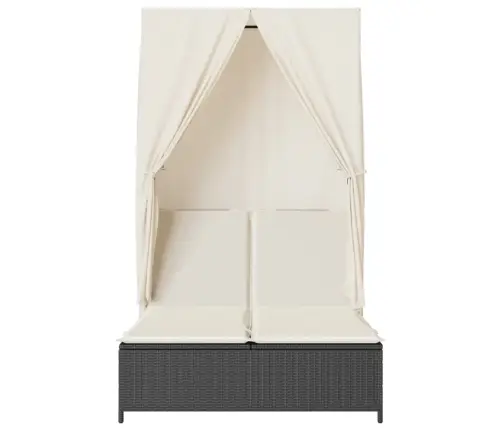 Kahekohaline Päevitustool Katuse Ja Kardinatega, Must, Rotang