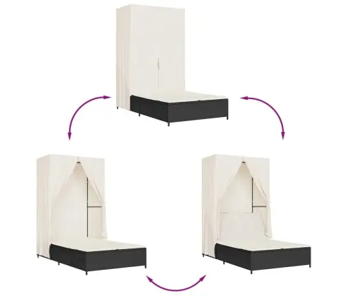 Kahekohaline Päevitustool Katuse Ja Kardinatega, Must, Rotang