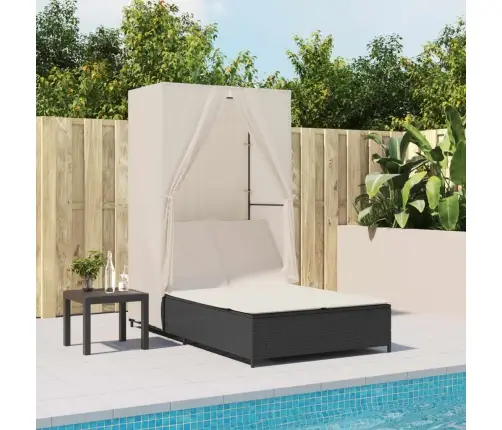 Kahekohaline Päevitustool Katuse Ja Kardinatega, Must, Rotang