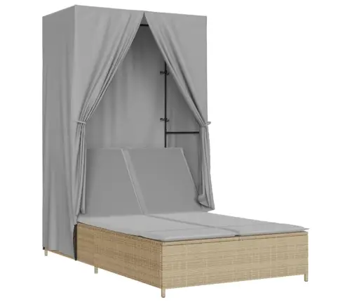 Divvietīgs Sauļošanās Krēsls Ar Jumtu Un Aizkariem, Bēša Pe Vidaxl