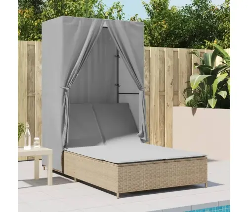 Divvietīgs Sauļošanās Krēsls Ar Jumtu Un Aizkariem, Bēša Pe Vidaxl