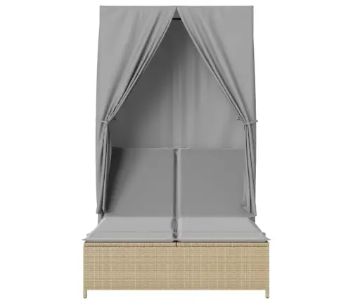 Divvietīgs Sauļošanās Krēsls Ar Jumtu Un Aizkariem, Bēša Pe Vidaxl