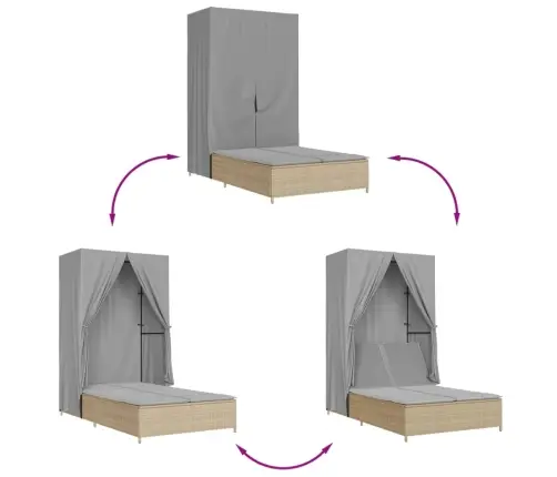 Divvietīgs Sauļošanās Krēsls Ar Jumtu Un Aizkariem, Bēša Pe Vidaxl