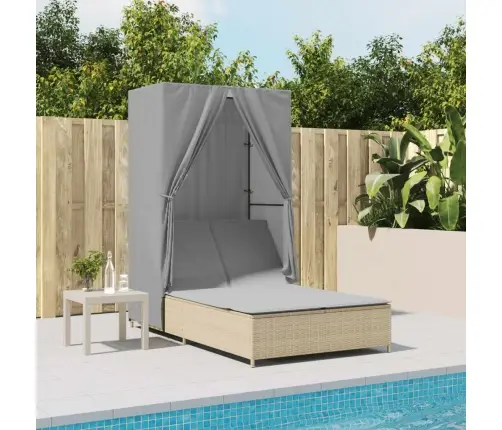 Divvietīgs Sauļošanās Krēsls Ar Jumtu Un Aizkariem, Bēša Pe Vidaxl