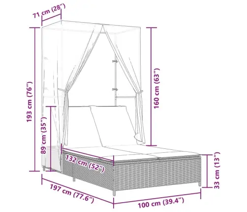 Divvietīgs Sauļošanās Krēsls Ar Jumtu Un Aizkariem, Pe Vidaxl