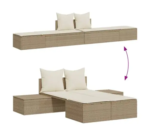 Divvietīgs Sauļošanās Krēsls Ar Matračiem, Bēša Pe Rotangpalma Vidaxl