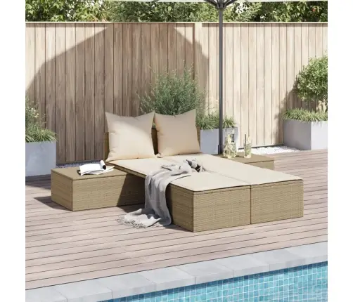 Divvietīgs Sauļošanās Krēsls Ar Matračiem, Bēša Pe Rotangpalma Vidaxl