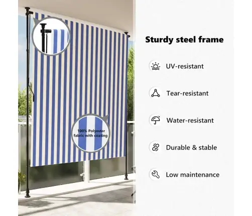Āra Ruļļu Žalūzija, 200X270 Cm, Zila Ar Baltu, Audums, Tērauds Vidaxl