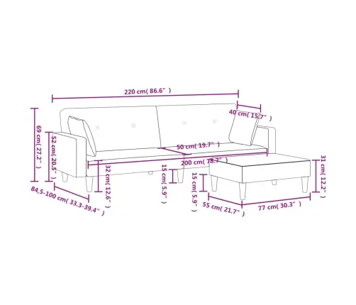 2-Vietīga Dīvāngulta Ar Kāju Balstu, Gaiši Pelēks Audums Vidaxl